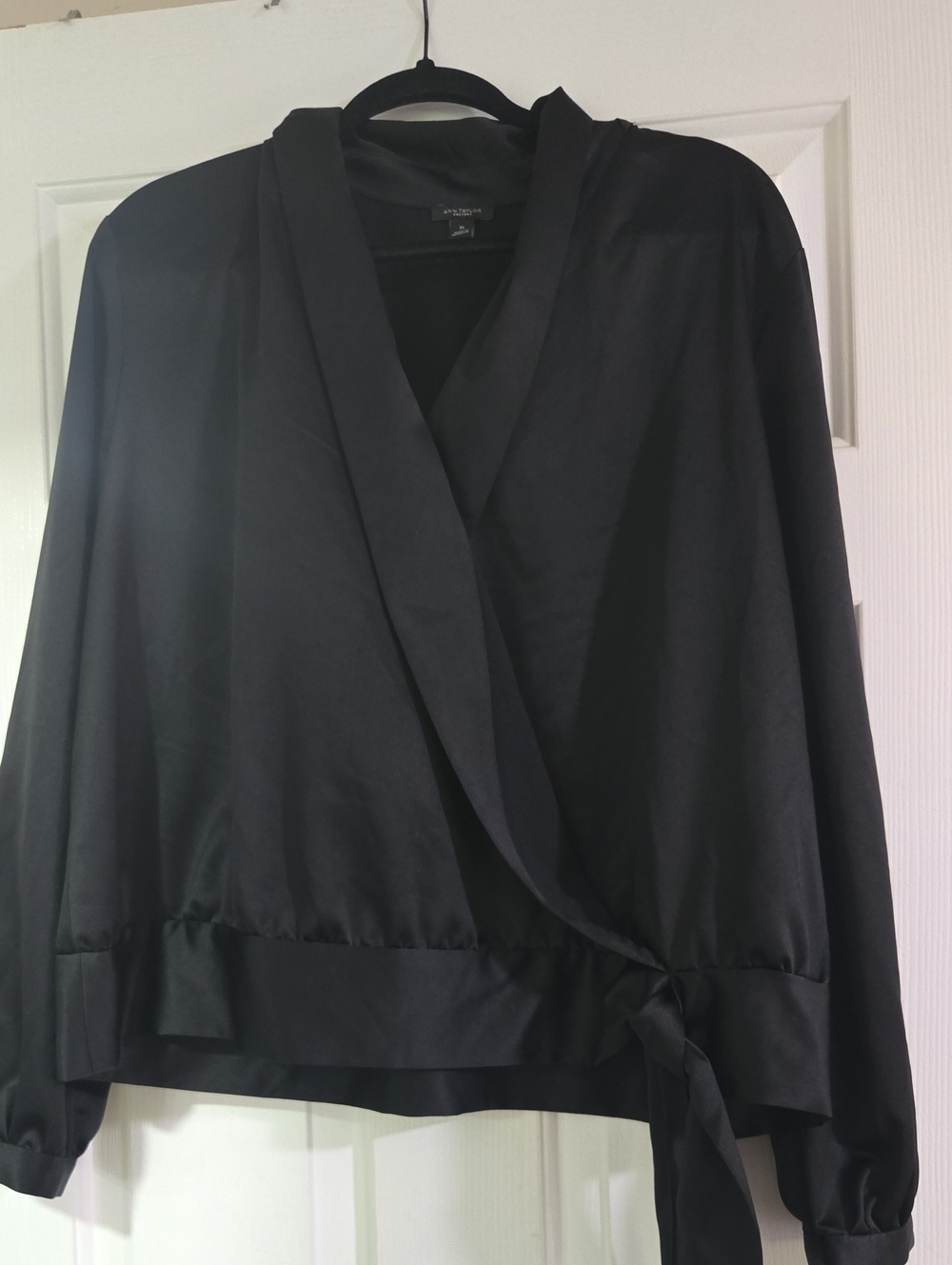 Ann Taylor Black Satin Wrap Top with Tie Waist
